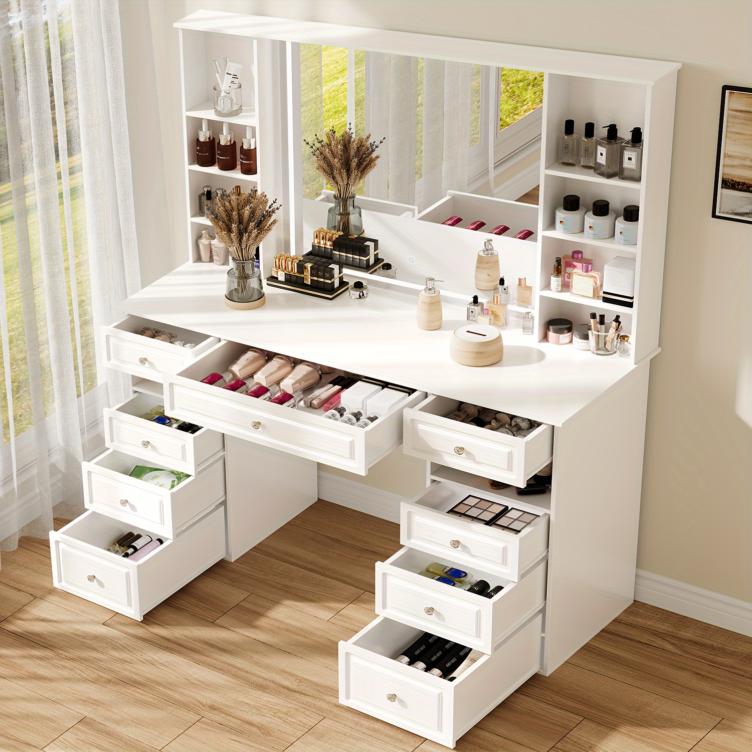 Modern Vanity Set with Lighted * Extra Large * Makeup Vanity Table with 9  Drawers, European Style Vanity