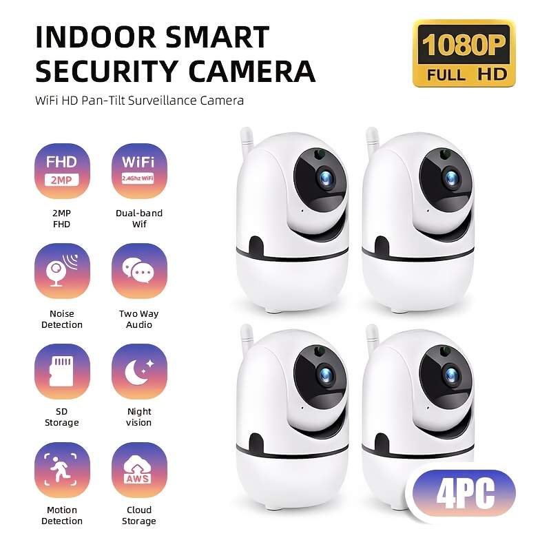 4-pack 1080p Wifi Security Cameras, 2.4ghz, Night Vision, Audio, Motion Tracking, App Control, Indoor