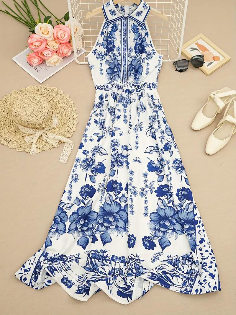 blue and white porcelain pattern dress Blue and White Porcelain Pattern Silk Cheongsam Chinese Dress Day Dress Full Length / Blue / XS