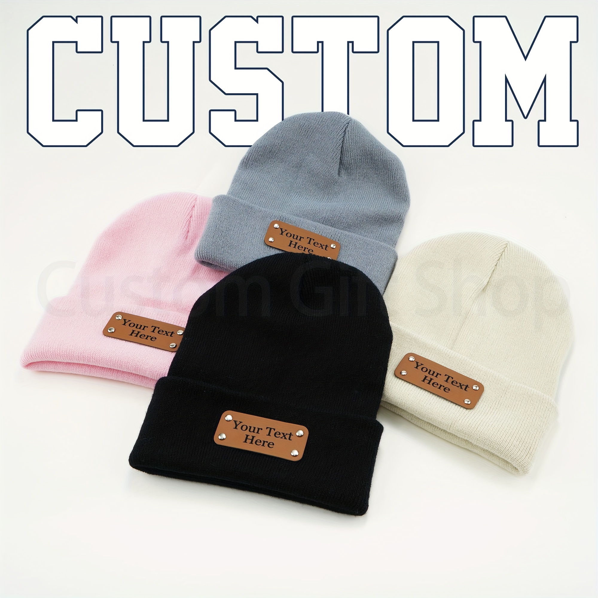 

Customizable Text Beanie With Leather Patch, Unisex, Stylish Knit Hat, Winter Warm Skull Cap