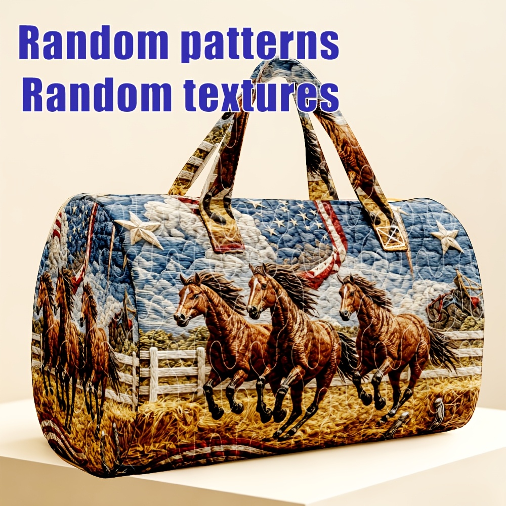 TEMU 1pc Retro Western Style Quilted Cylinder Handbag, Running Horse American Flag Pattern, Women's Large Capacity Versatile Travel Bag, Soft