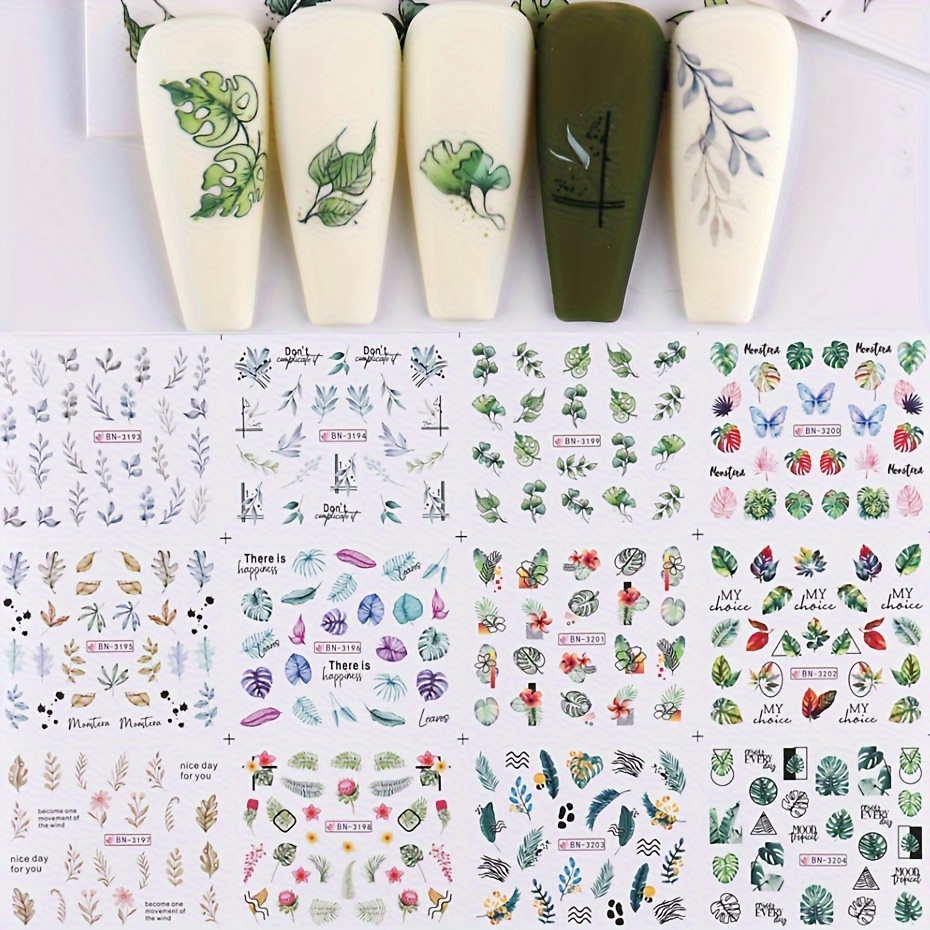 3d Green Leaf Nail Stickers Palm Tree Sliders Plant Flower Summer Manicure Tips Supplies