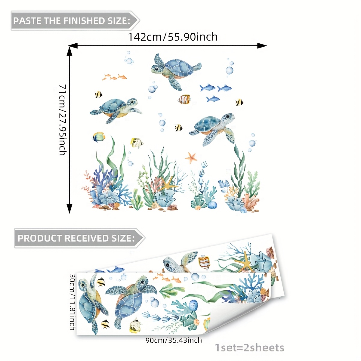 Image of A Set Of 2 Sea Creatures Sea Turtles Seaweed Wall Stickers Decor Stickers Bedroom Living Room Sofa Entryway Background Decoration