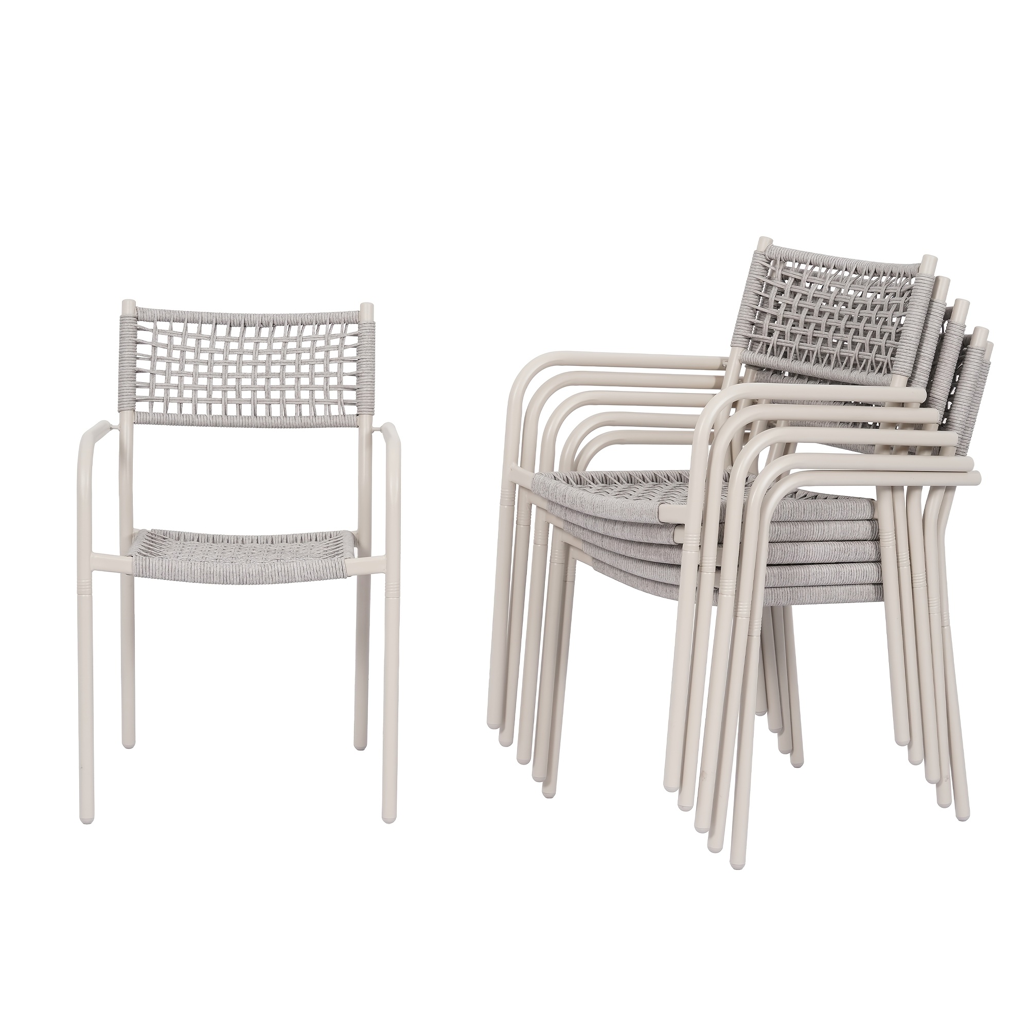 HARAISEDK Patio Dining Chairs Set Of 4/6 Stackable Ergonomic Rattan Armchairs All Weather Powder Coated Metal Frame Garden, Balcony, Poolside White/Gray