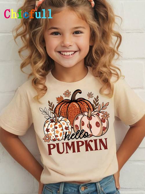 girls t shirt with three cute pumpkin print patterns featuring a fashionable casual and a round neck