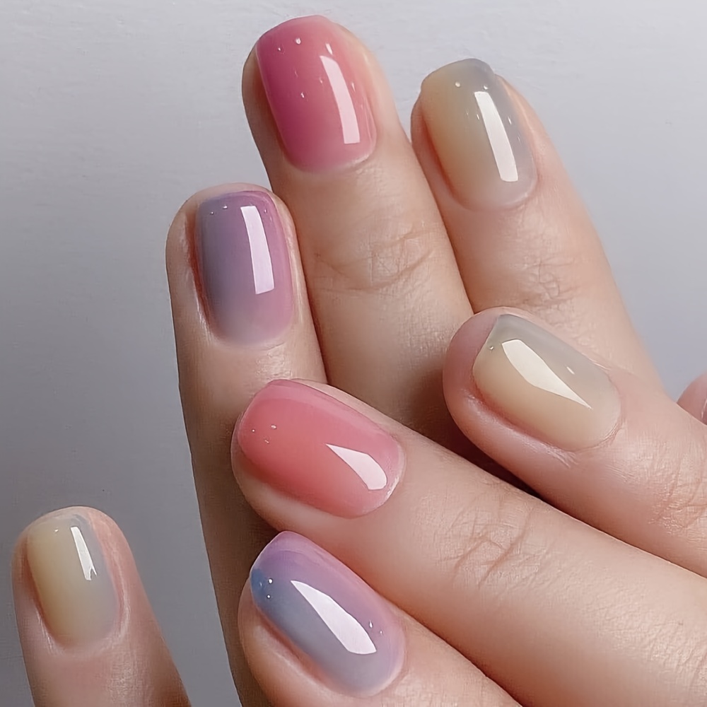 TEMU 24pcs Faux Ongles Courts Carrés à Coller, Design d'Ongles Dégradé Multicolore, Patch d'Ongles à Paillettes Ongles Faux Amovibles