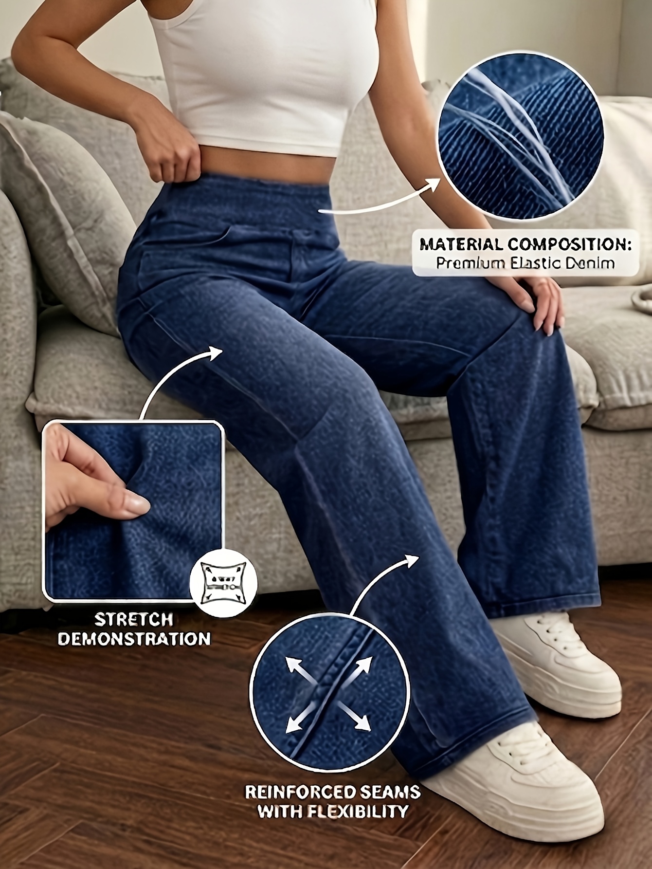 zdjęcie przedmiotu damskie jasnoniebieskie jeansy z wysokim stanem i szerokimi nogawkami - retro spodnie jeansowe z efektem washed z kontrolą brzucha, średni stan, luźny krój, do noszenia na co dzień i do biura, elastyczne, całoroczne spodnie z szerokimi nogawkami