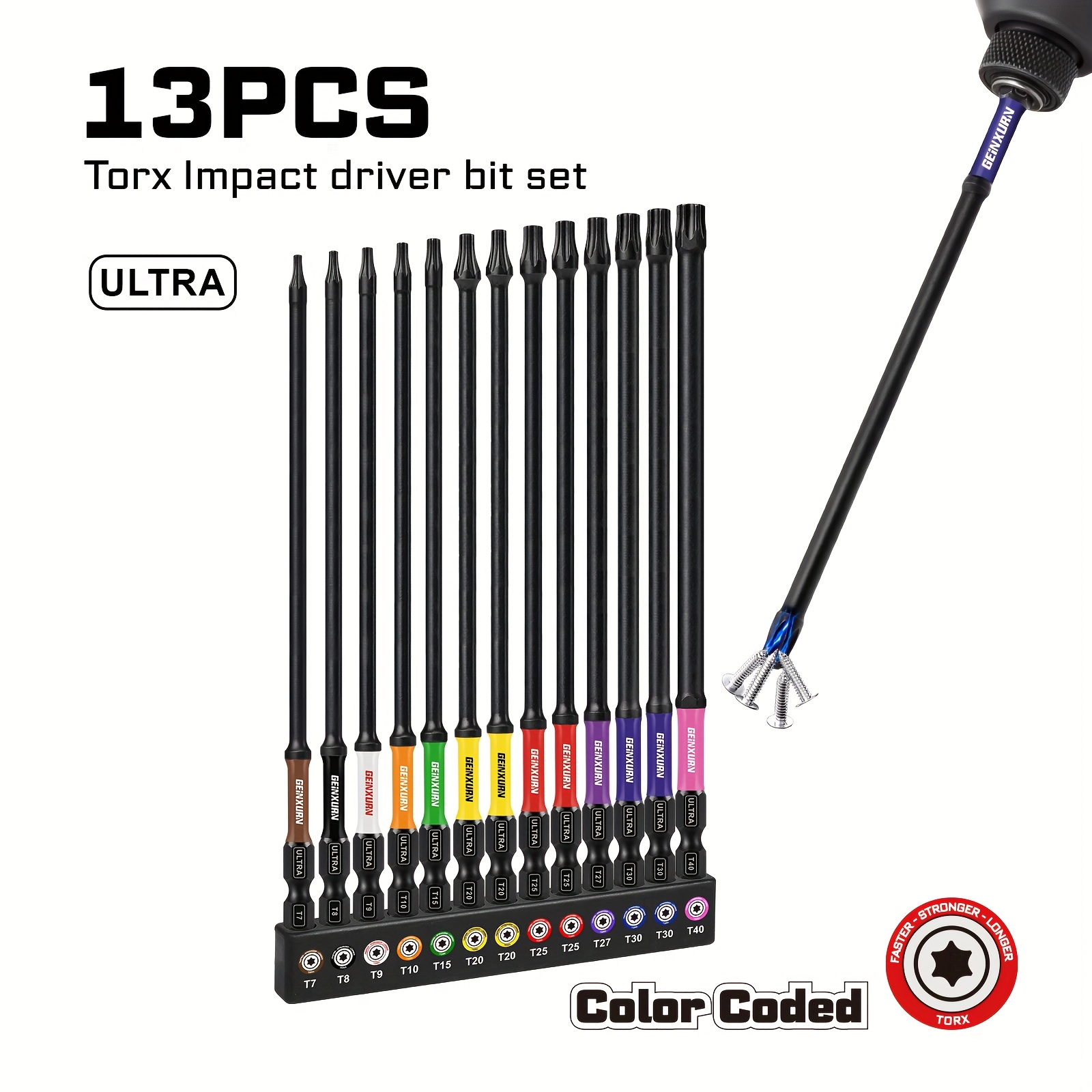 Image of Impact Screwdriver Set, 150mm T7-t8-t9-t10-t15-t20-t25-t27-t30-t40. Base 13pcs