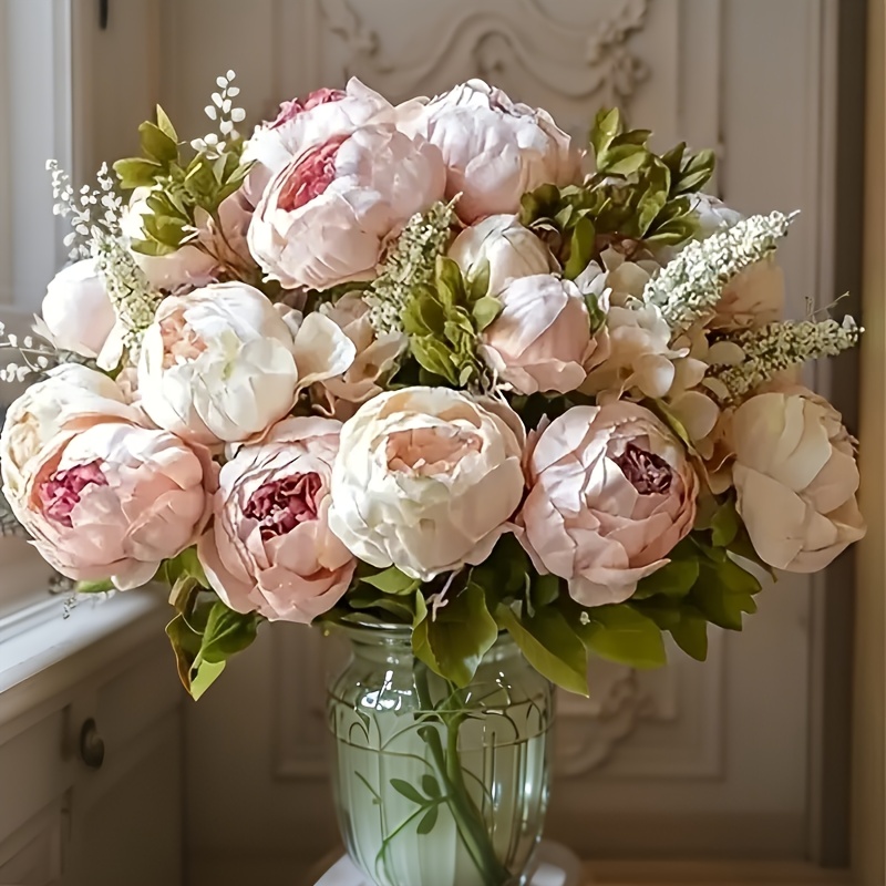 13 stem european style artificial   bouquet realistic pink white red plastic peonies with green foliage baby s breath   decor wedding holiday arrangements for mother s day easter valentine s st patrick s hanukkah no maintenance required