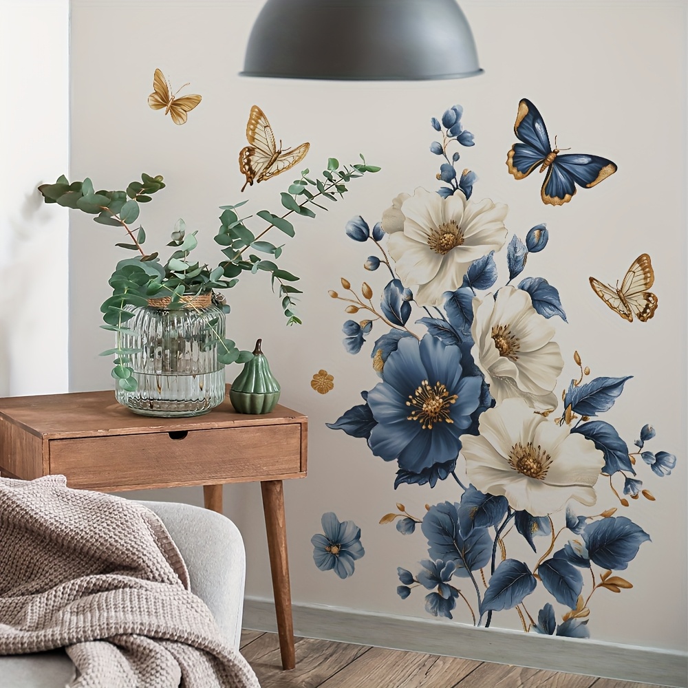 TEMU 2pcs Blue Floral And Wall Decals - Elegant Self-adhesive Pvc Stickers For Home Decor, Bedroom, Bathroom, Kitchen, And Glass Door, Removable And