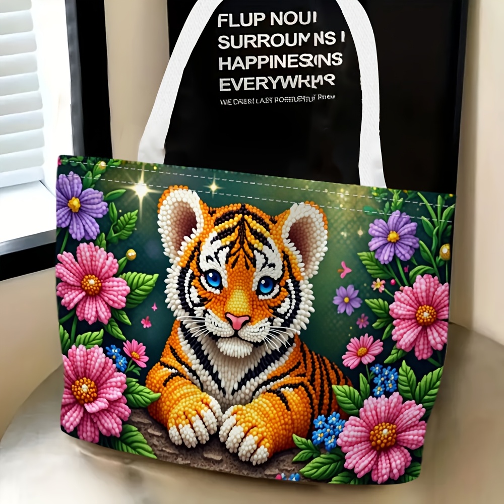 TEMU 1pc Women's Tiger Cub & Print Shoulder Bag - Multi-functional Tote/clutch Handbag With Tiger Cub Flower Bush, Lightweight Suitable For Travel,