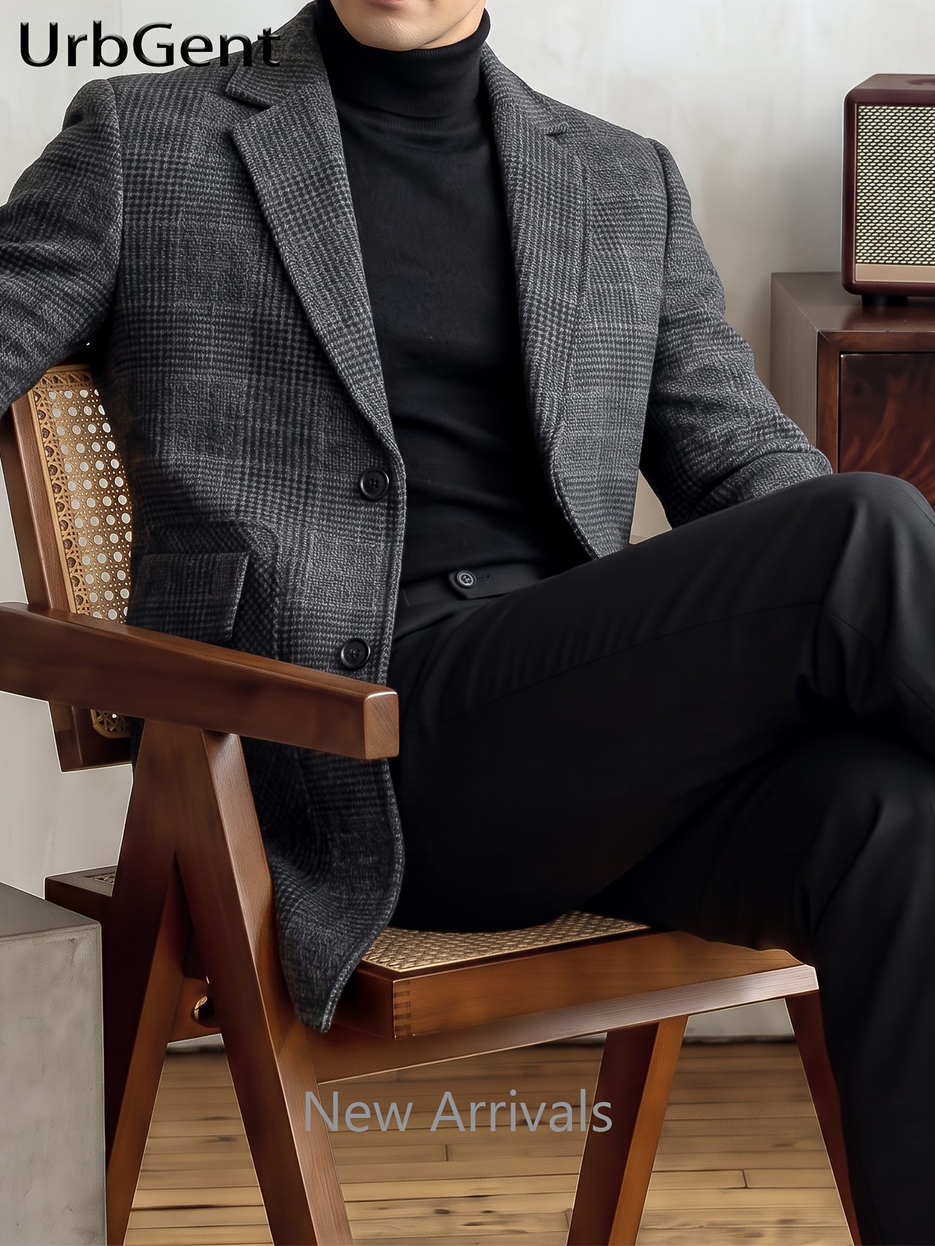 100% Wool Autumn/Winter Men's Checked Tweed Overcoat with Lining, New Style Suit Lapel Single-Breasted Design with Large Flap Pockets, Mid-Length, Thick and Warm, Structured and Stylish, Versatile for Business Casual, Suitable for Commuting
