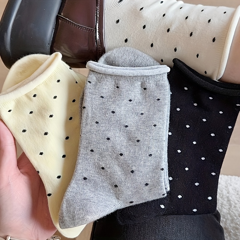 

6 Pairs Polka Dot Print Socks, Japanese Style Rolled Edge Mdi Tube Socks, Women's Stockings & Hosiery