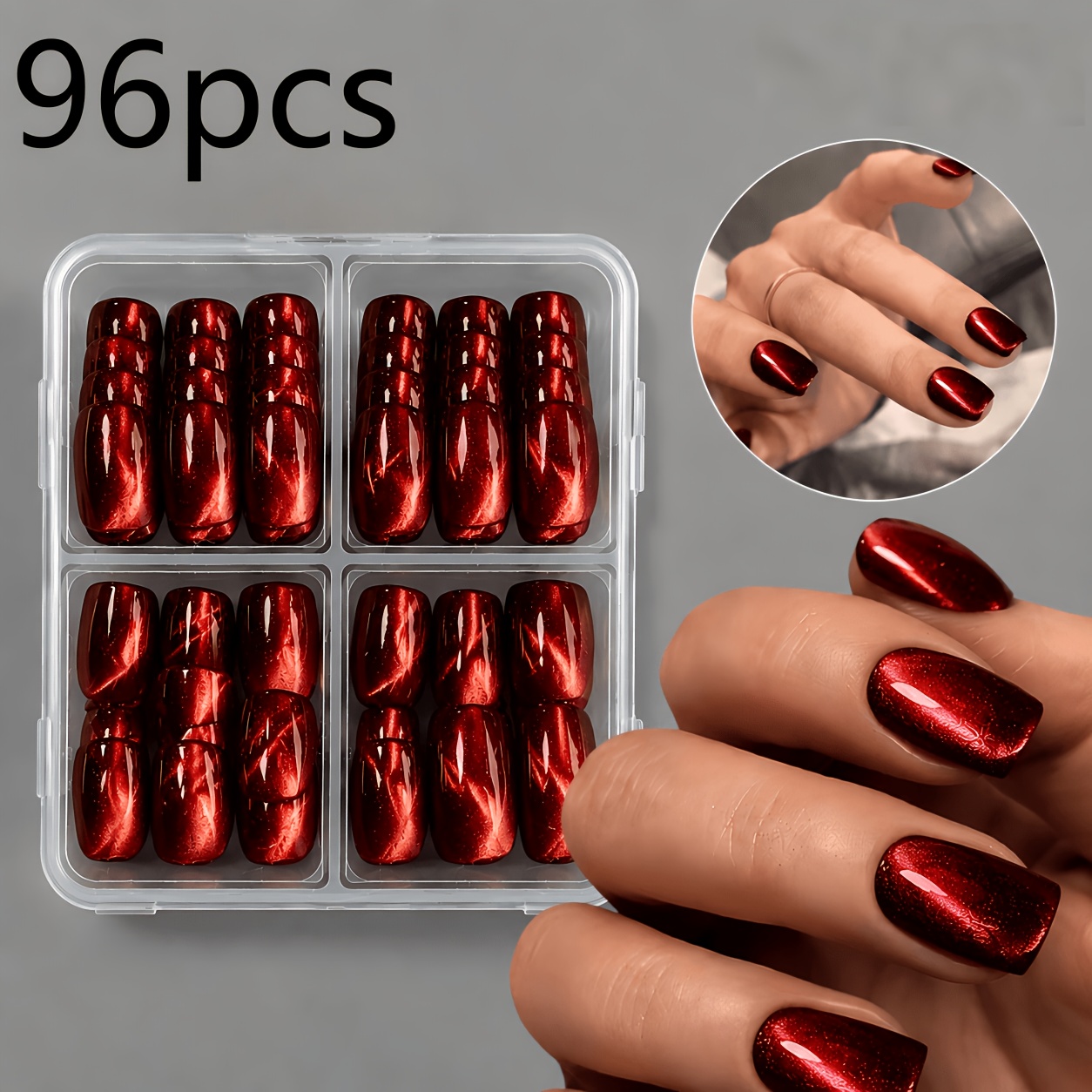 TEMU 96-delige Ruby Cat-Eye Elegante Dames Set, met Opbergdoos voor Gemakkelijke Manicure Organisatie en Transport, Rode Vierkante Cat-Eye Textuur