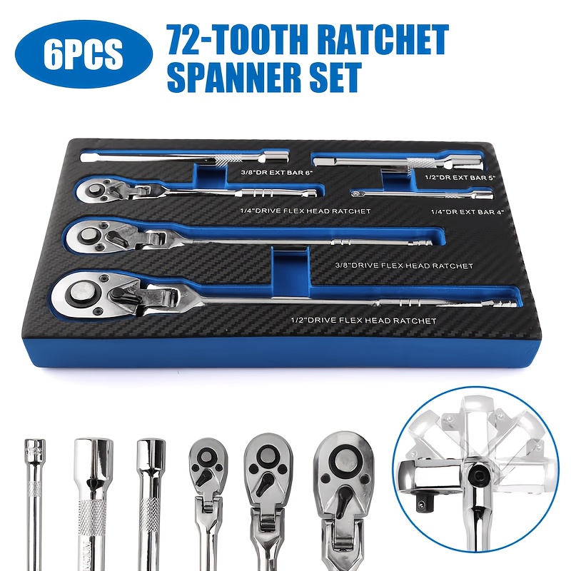 TEMU 6pcs Flexible Universal Ratchet Wrench Set, Includes 1/4", 3/8", And 1/2" Drive 72-tooth Ratchets With Extendable Handles, Made Of High-quality