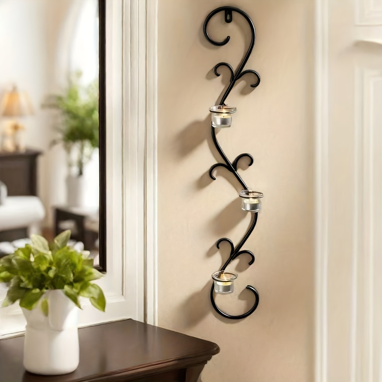Image of Metal Scroll Wall Candle Holder With 3 Votives