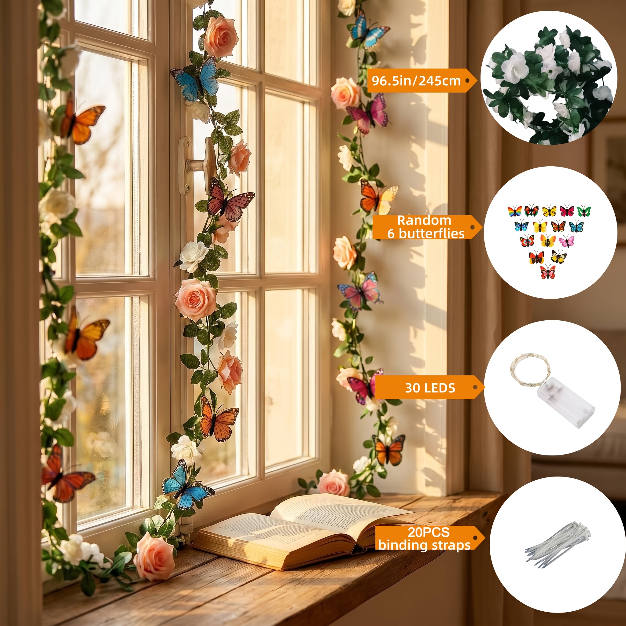 TEMU 30 Led String Lights With 245cm Artificial Rose Vine Garland   6 Butterflies (random Colors)   20pcs Ties, Battery Operated (batteries Not