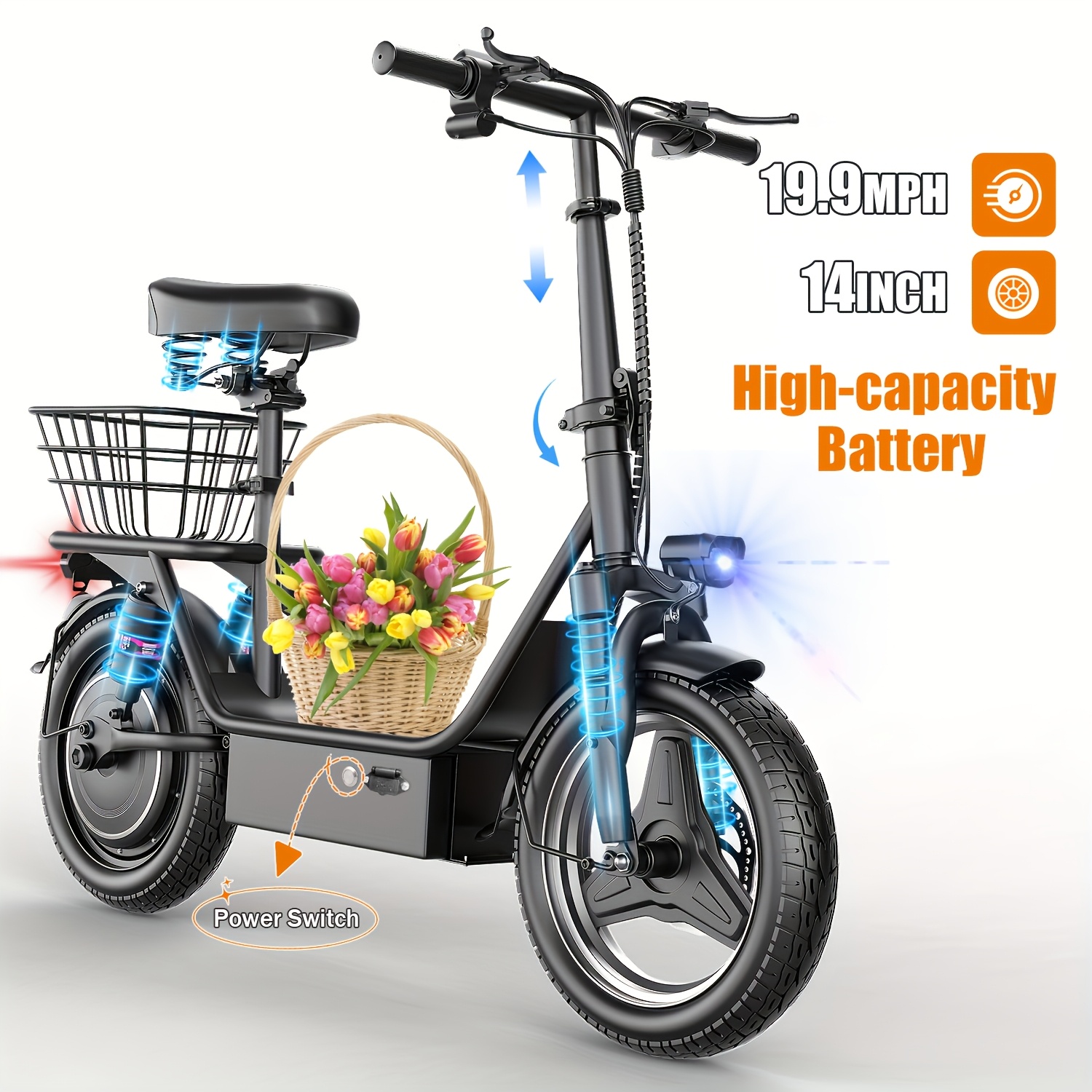 TEMU 749w Electric Scooter With Seat, 48v Large-capacity Battery, 19.9mph Speed, 14" Pneumatic Tire, Height Adjustable Seat &handlebar, Dual