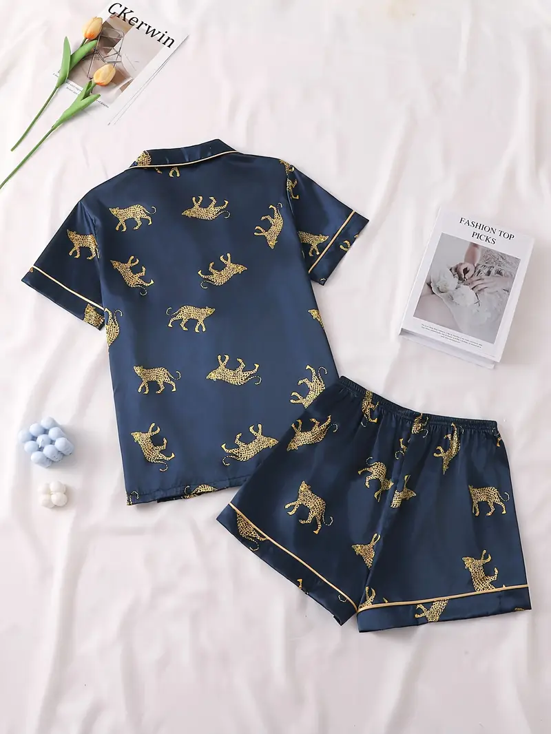 womens print satin pajama set elegant two piece loungewear with button shirt shorts comfortable casual sleepwear for bridesmaids casual attire bridesmaid outfit stylish loungewear ladies pajamas Product details 1
