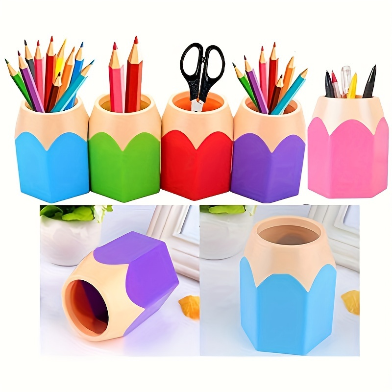 

5-piece Pencil-shaped Desk Organizers, Colorful Pen Holders With Cute Cartoon Designs For School, Classroom, And Home Office Decor