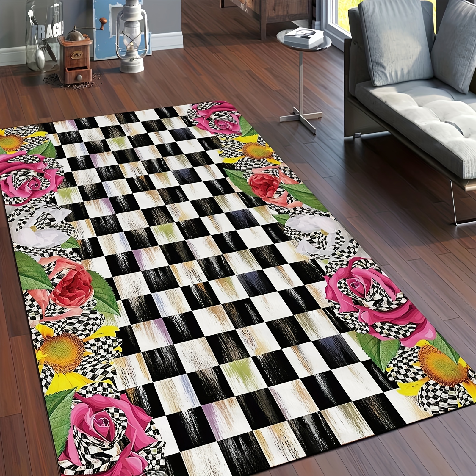 

Chic Black & White Plaid Floral Area Rug - Soft, Non-slip, Stain-resistant For Living Room & Kitchen Decor, 1pc