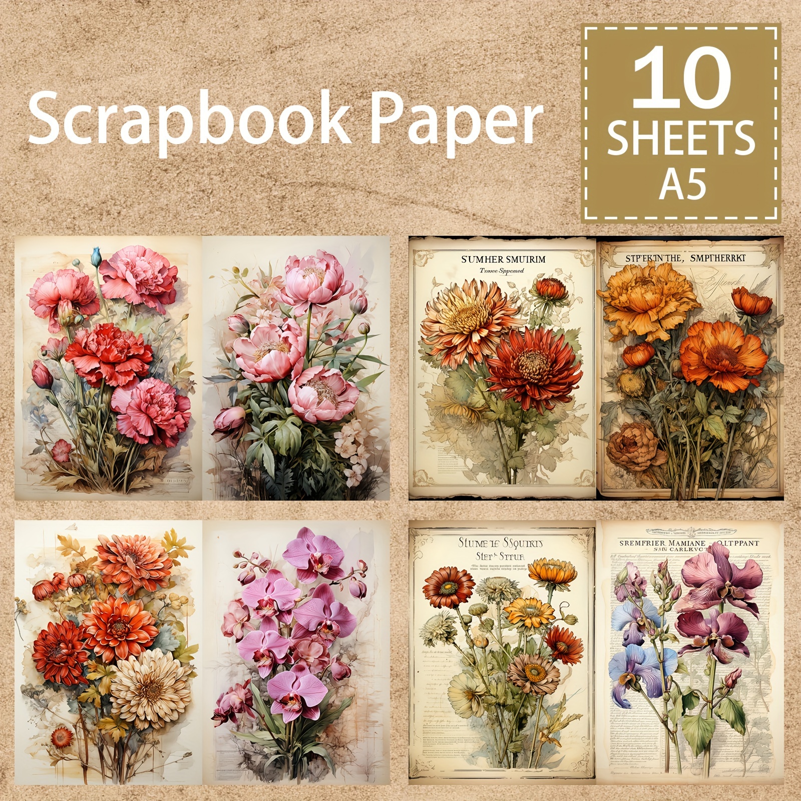 

10-piece A5 Vibrant Floral Scrapbook Paper Set - Peony, Poppy & Daisy Designs For Diy Journals, Greeting Cards & Planners