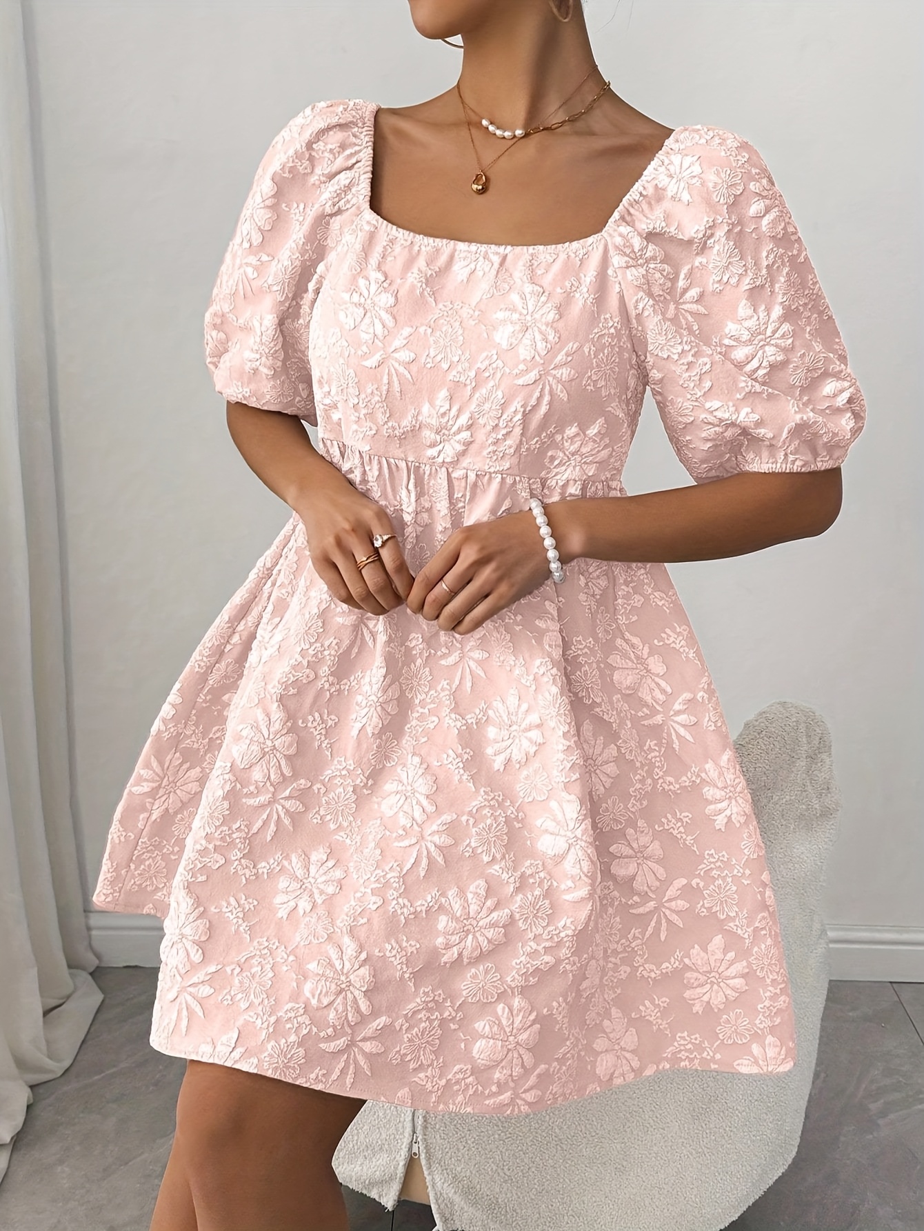 cute knee length dresses with sleeves womens elegant floral square neck puff sleeve dress knee length dress