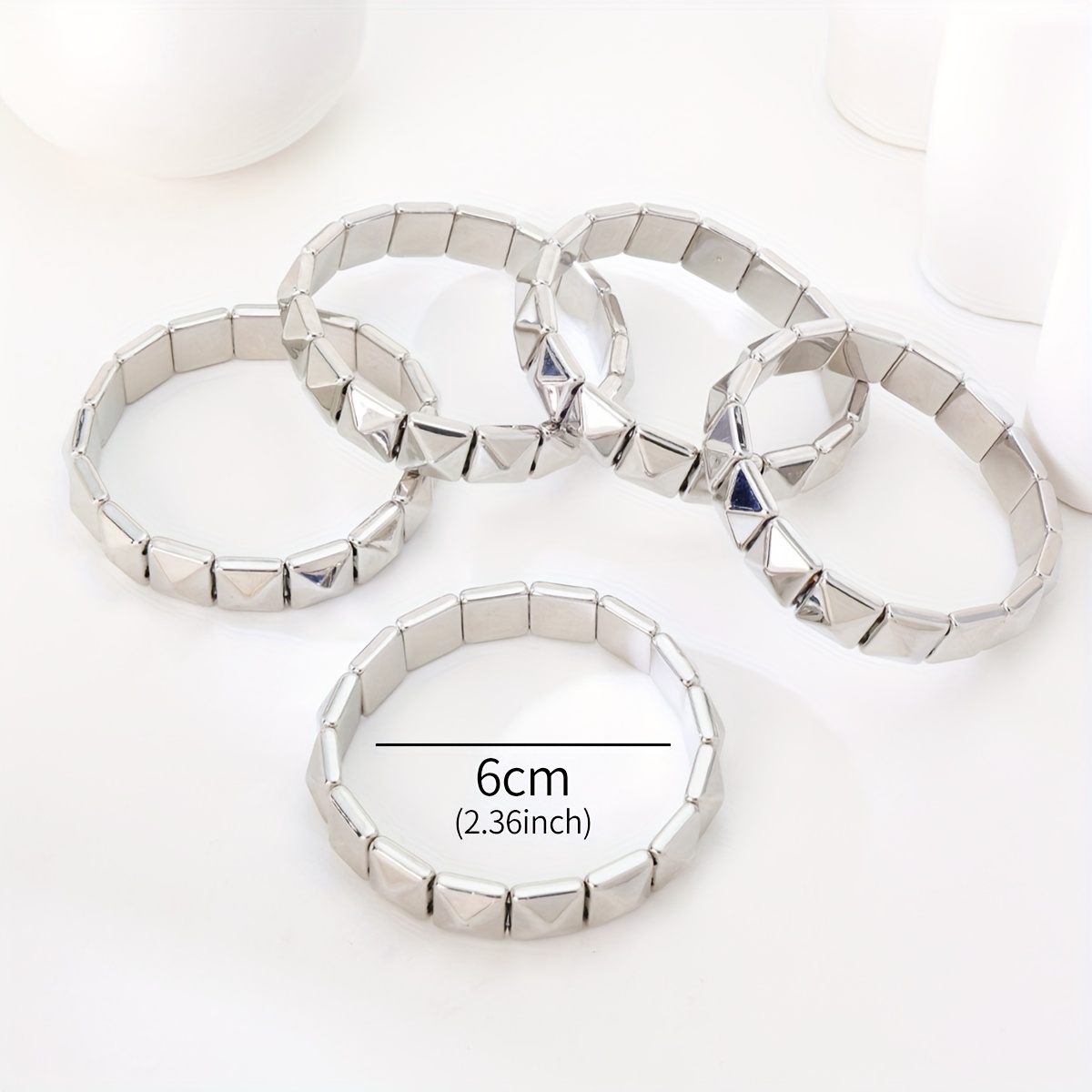 Punk Five Ring Silvery Elastic Bead Bracelet Set for Women