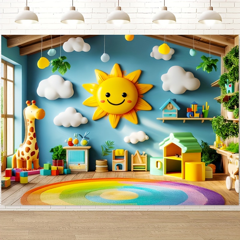 

Kids Playroom Photography Backdrop - Polyester Fiber, 1pc 90.5x70.87in, Cartoon , Giraffe Wall Decor, Rainbow Floor Mat, Children's Room Banner Background, Photo Studio Prop