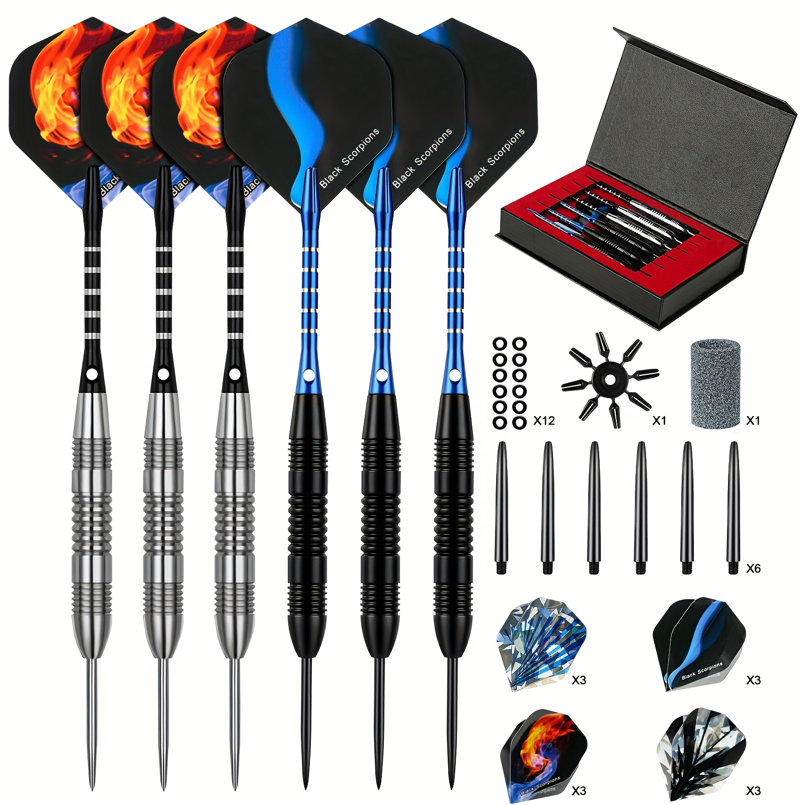 E-shop Stahl-Dart-Set, Professionelle Darts mit Rutschfester Edelstahl-Bauernhaut, 4 Arten von Polyester-Flügelfliegen, PVC-Spitze, Dart-Schärfer,