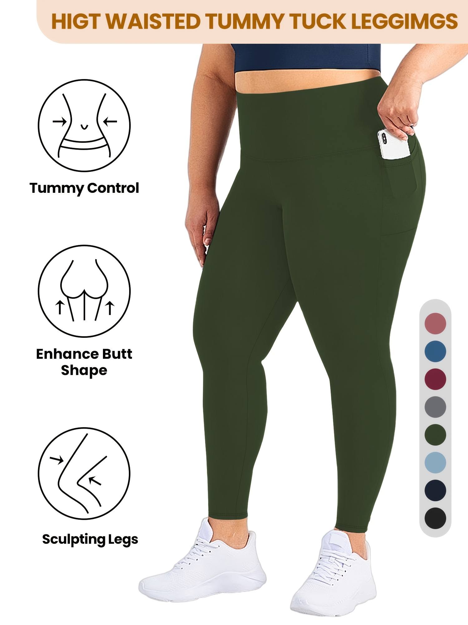 Plus Size High Waist Yoga Pants with Side Pockets - 88% Polyester 12% Elastane Stretchy Tummy Control Leggings, Sculpting Workout Gym Activewear for Women, All-Season Comfort (Machine Washable)