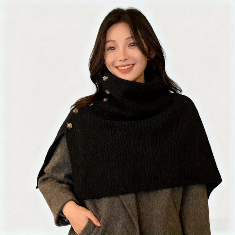 TEMU Women's Winter Warm Poncho - Red Turtleneck Button Shawl Cape, Cozy Chunky Wrap Scarf For Cold Weather, Stylish Outerwear Accessory For Fall And