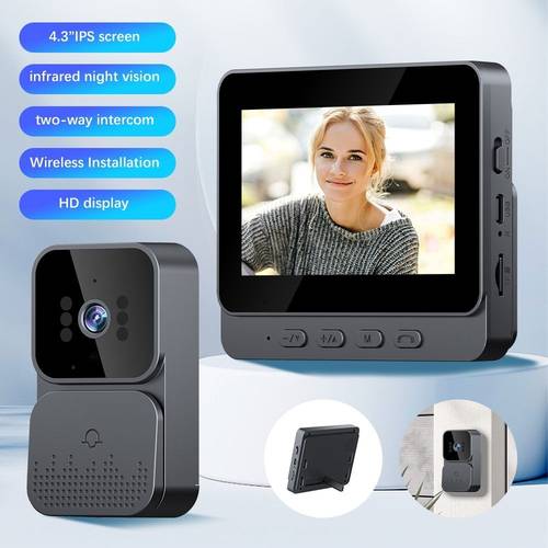 wireless video doorbell camera with 4 3 inch display wireless smart video monitoring intelligent doorbell two way voice call function function video recording no subscription no wireless network supports sd card storage