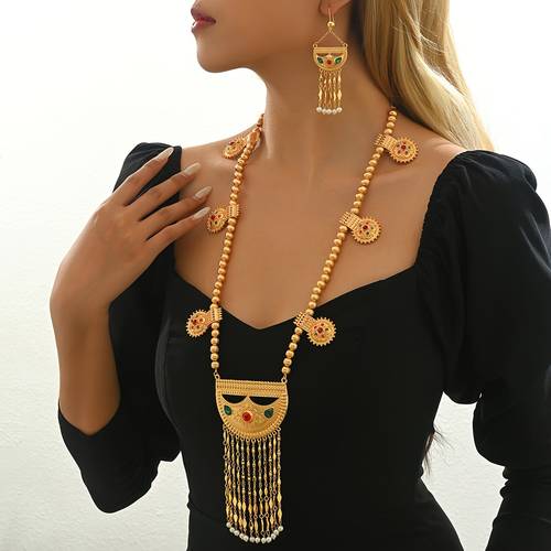 exquisite luxurious and gorgeous retro tassel necklace and earring 3pcs set womens middle eastern ramadan jewelry gift additions