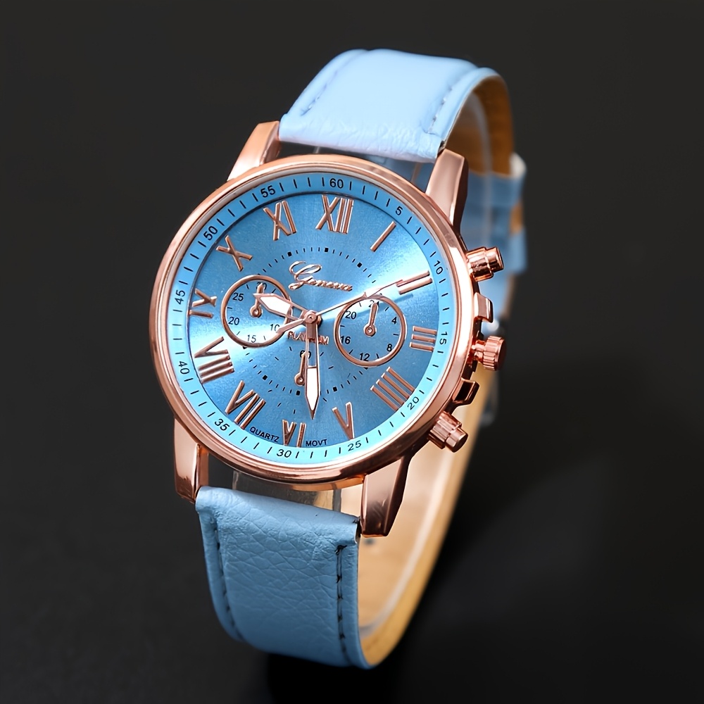 1pc Set of Fashionable Women'S Sky Blue Roman Quartz UP Faux Leather Watch And 5pcs of Heart Sky Blue Accessories Set. Eid, Valentine'S Day, Easter Gift for Mom