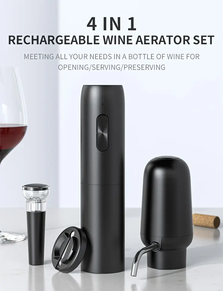 taivodb conjunto de abridor elétrico para vinho 4 com recarregável, arejador e despejo automático, corta-foil & tampão a vácuo - usb-c, , sem fio eletrônico com cabo de carregamento ideal para casa, restaurantes amantes do vinho 36 ergonômico durabilidade reutilizável perfeito como manual e acessórios detalhes 0