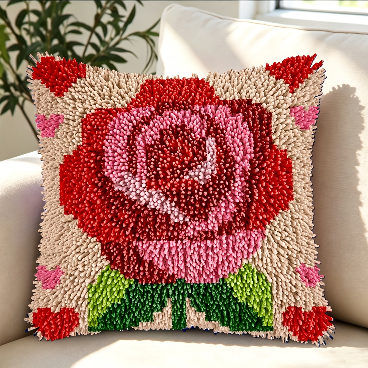 Latch Hook Kit Pillow Plant with Beautiful Roses Printed Pattern