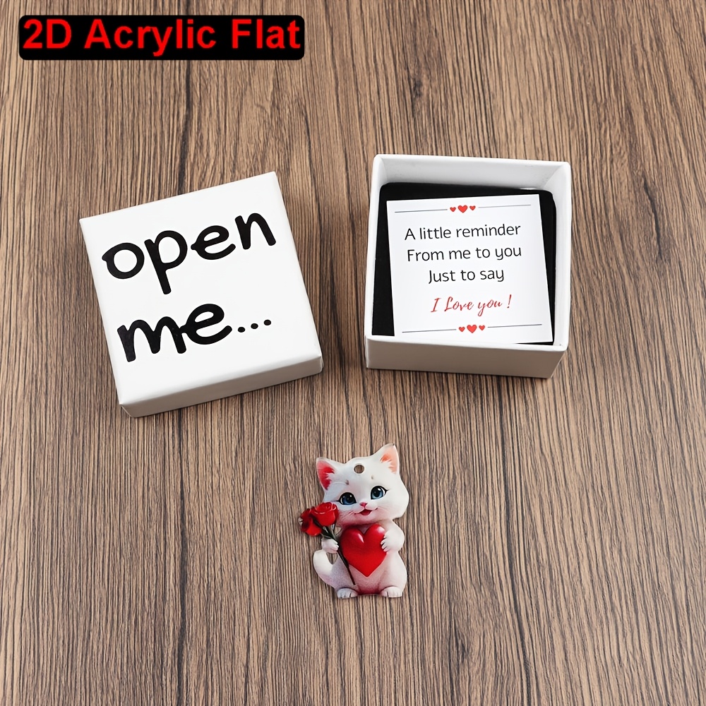Image of Acrylic Gift Box , Showcasing A Cat Holding Roses And A Heart, Complete With Cards And A White Packaging Box, Perfect For Valentine's Day, Anniversaries, And Birthdays