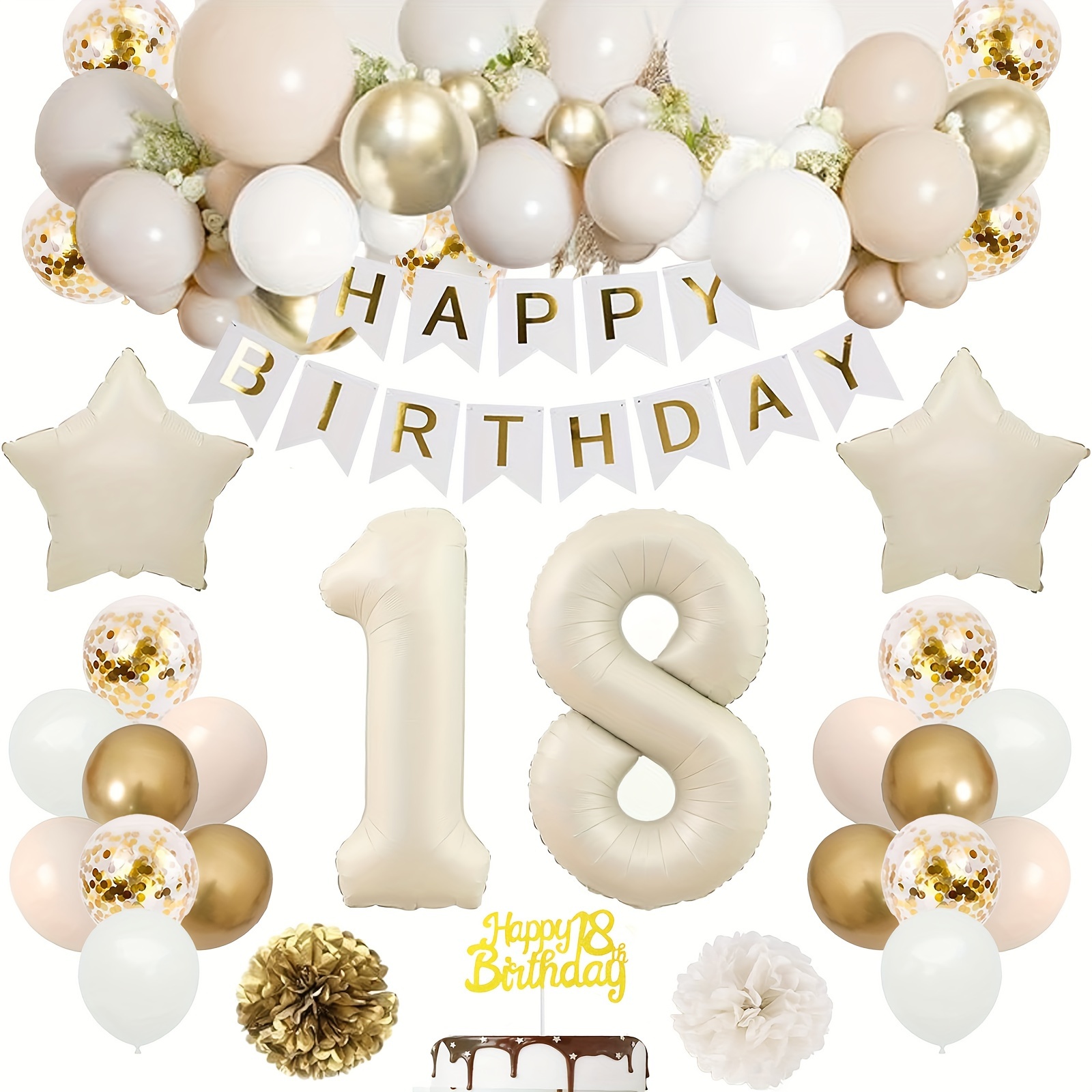 Image of Decorations For 18th Birthday Celebrations For Genders, Including 32-inch Foil Balloons, Cream, Golden, And White Balloons, A Happy Birthday Banner, And Pom Poms For The Party