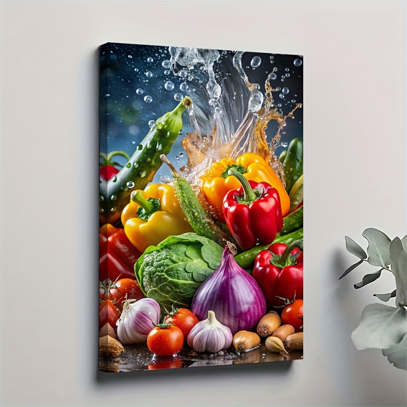 TEMU sur toile 2D plat, 2D plat, 1 Pièce 2D, sur toile, Fleurs colorées dans un vase, Affiche, Mur 1 Pièce 2D, Éclat vibrant de légumes , Décoration