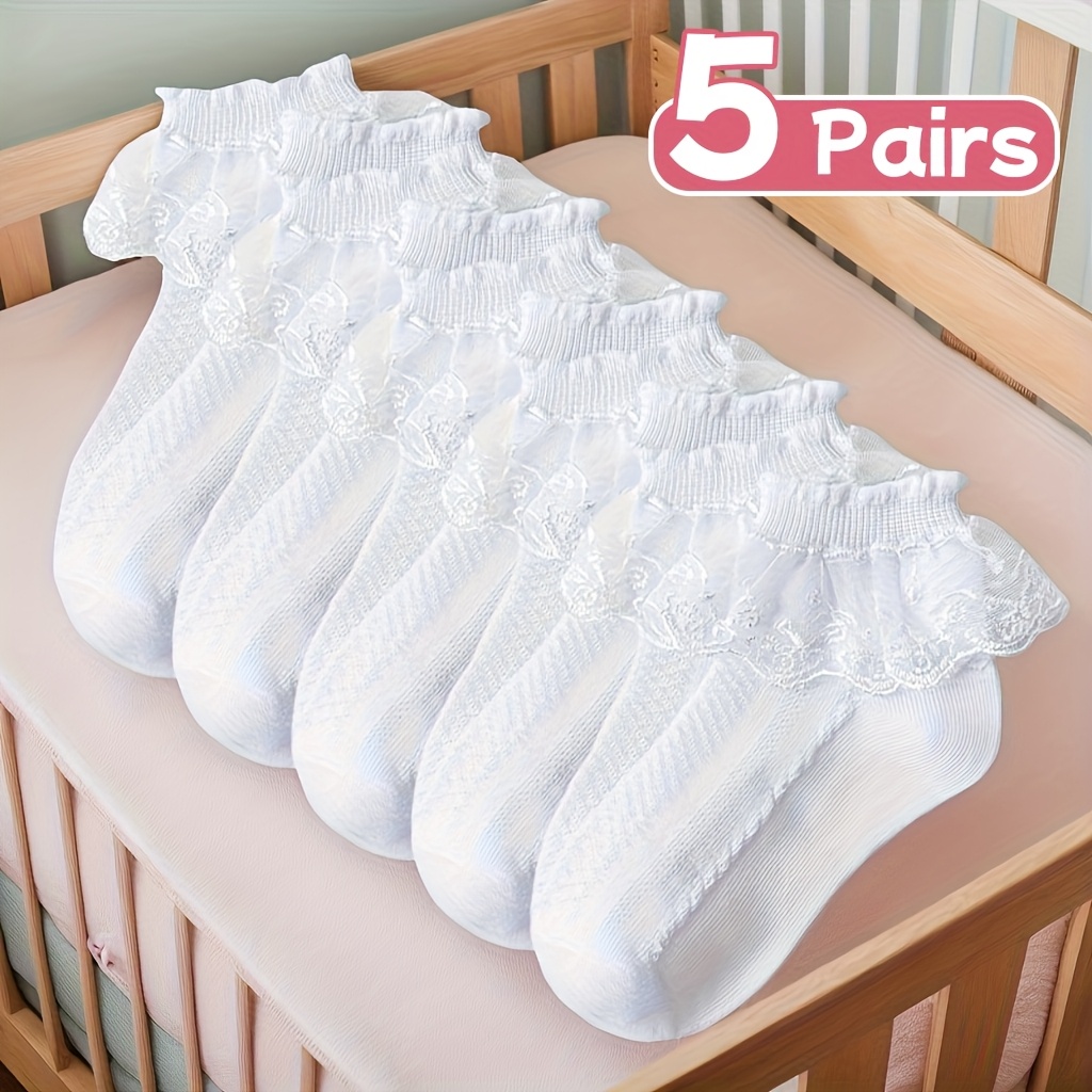 5 pairs white lace ankle socks for girls soft breathable polyester spandex blend   lace trim       ballet casual wear ballet socks   delicate lace detail