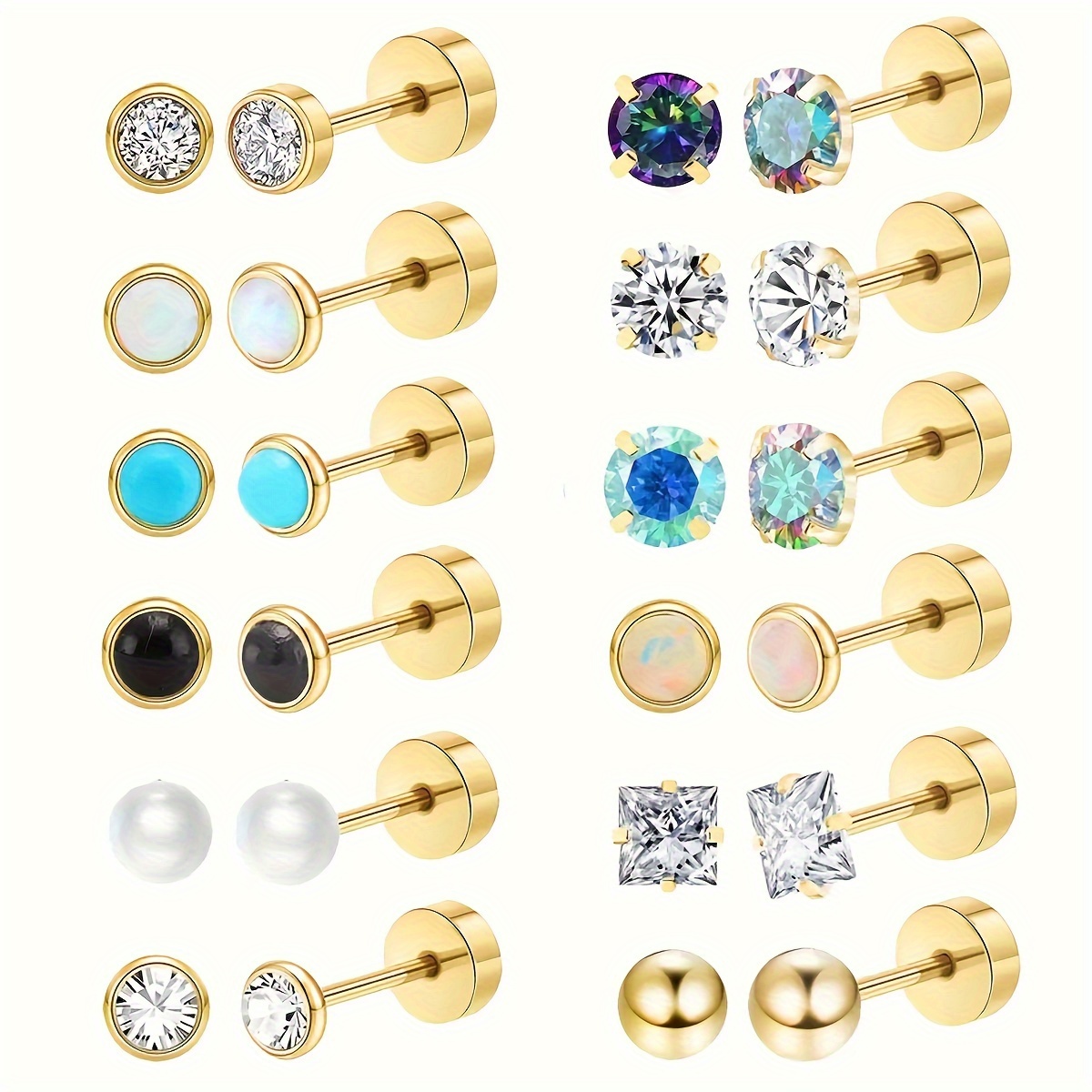 TEMU 12 Paires de Boucles d'Oreilles Clous en Acier Inoxydable à Bille Ronde/ Synthétique Coloré, Bijoux Tendance et Polyvalents – Idéal pour Tenue
