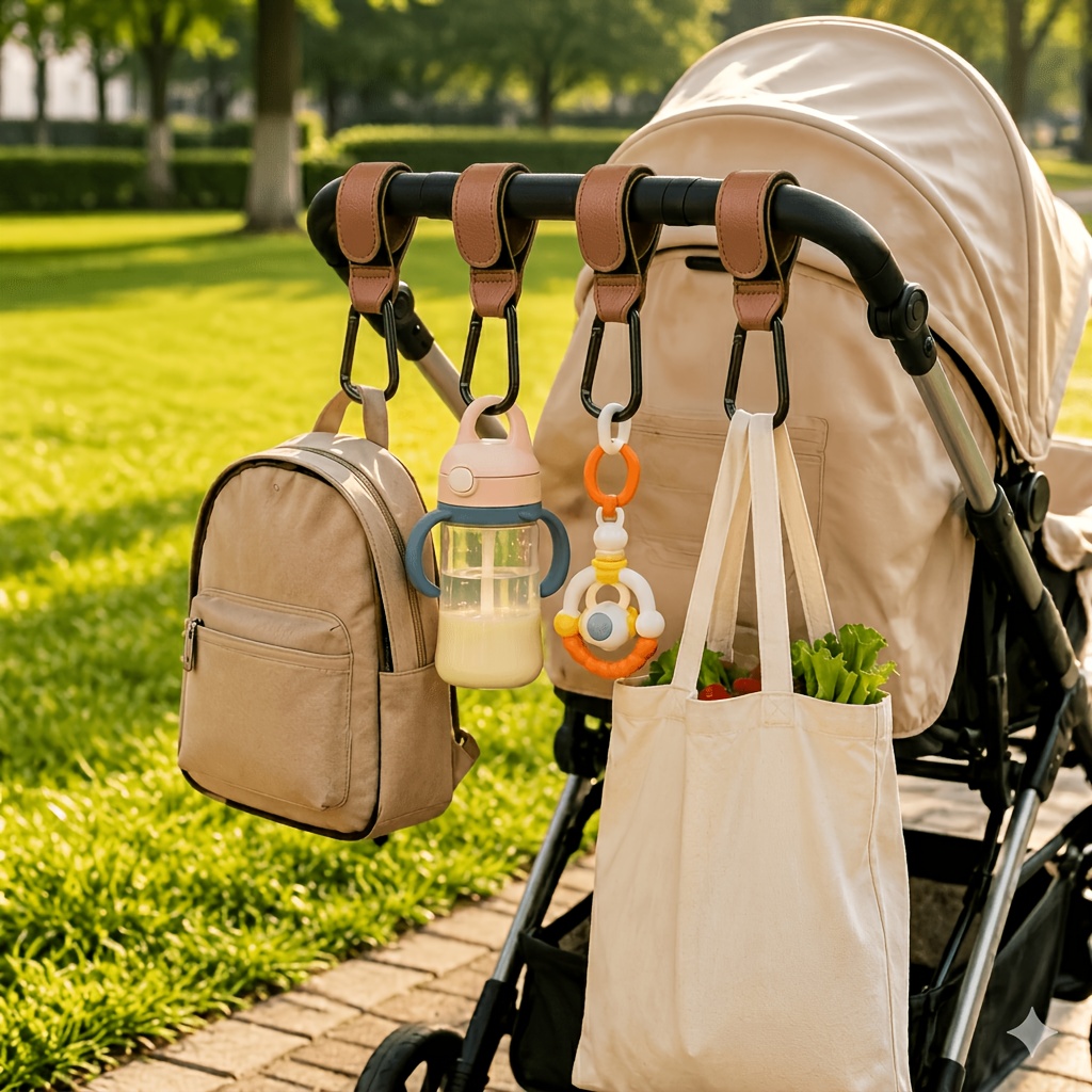 TEMU 4pcs Stroller Hooks, Diaper Bag Special Heavy Vegan Faux Leather Stroller Hooks With Aluminum Alloy Carabiner, Durable Universal Stroller