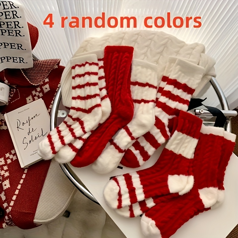 TEMU Lot de 4 paires de chaussettes à rayures rouges et blanches aléatoires, chaussettes d'hiver confortables pour femme