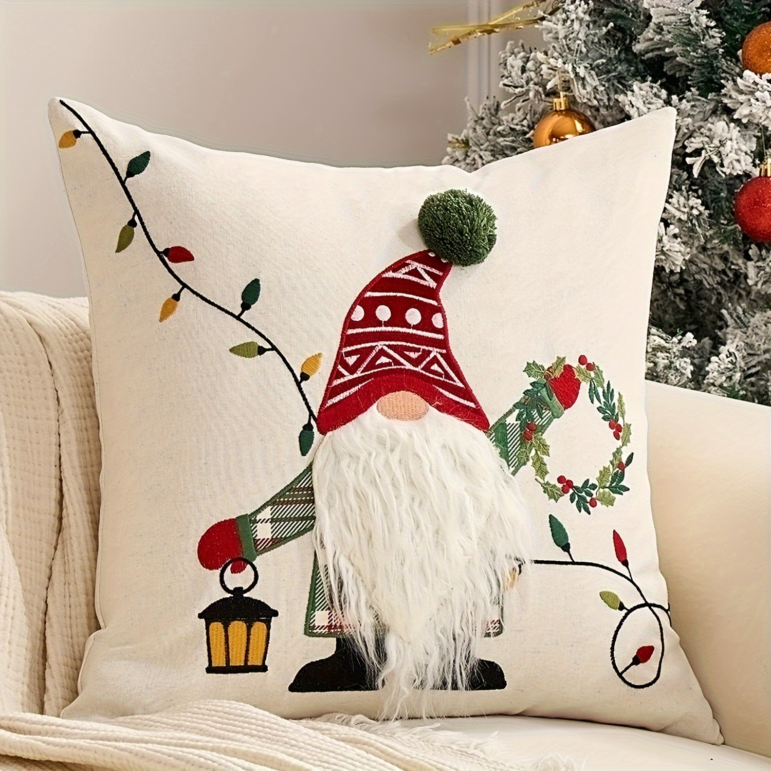 Image of 1 Pack Of Christmas Santa Claus And Elf Pillowcases, Cushion Covers With Embroidery, Square Pillowcase Suitable For Living Room Bedroom Sofa Without Filling