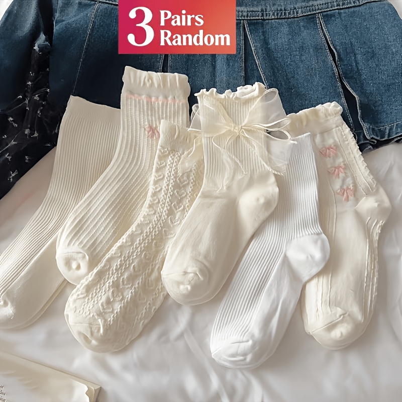 TEMU 3 Paar weiße Damensocken in gemischten Farben, zufällige Auswahl, Sommer, niedliche Spitze mit kleinen Schuhen, Röhrensocken