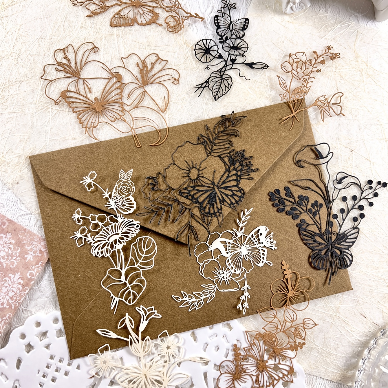 Image of A Pack Of 10 Sheets Of Vintage Floral Branch And Leaf Cut-out Base Material Paper, Junk Journal Planning Paper, Decorative Collage Diy Craft Material Paper