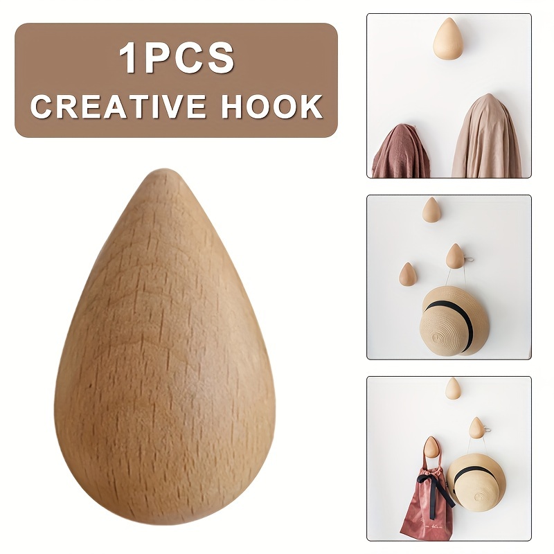 

1pc Wooden Hook, Water Drop Shape, Wall Mounted Coat Hat Hook, Punch-free, Minimalist Home Decor