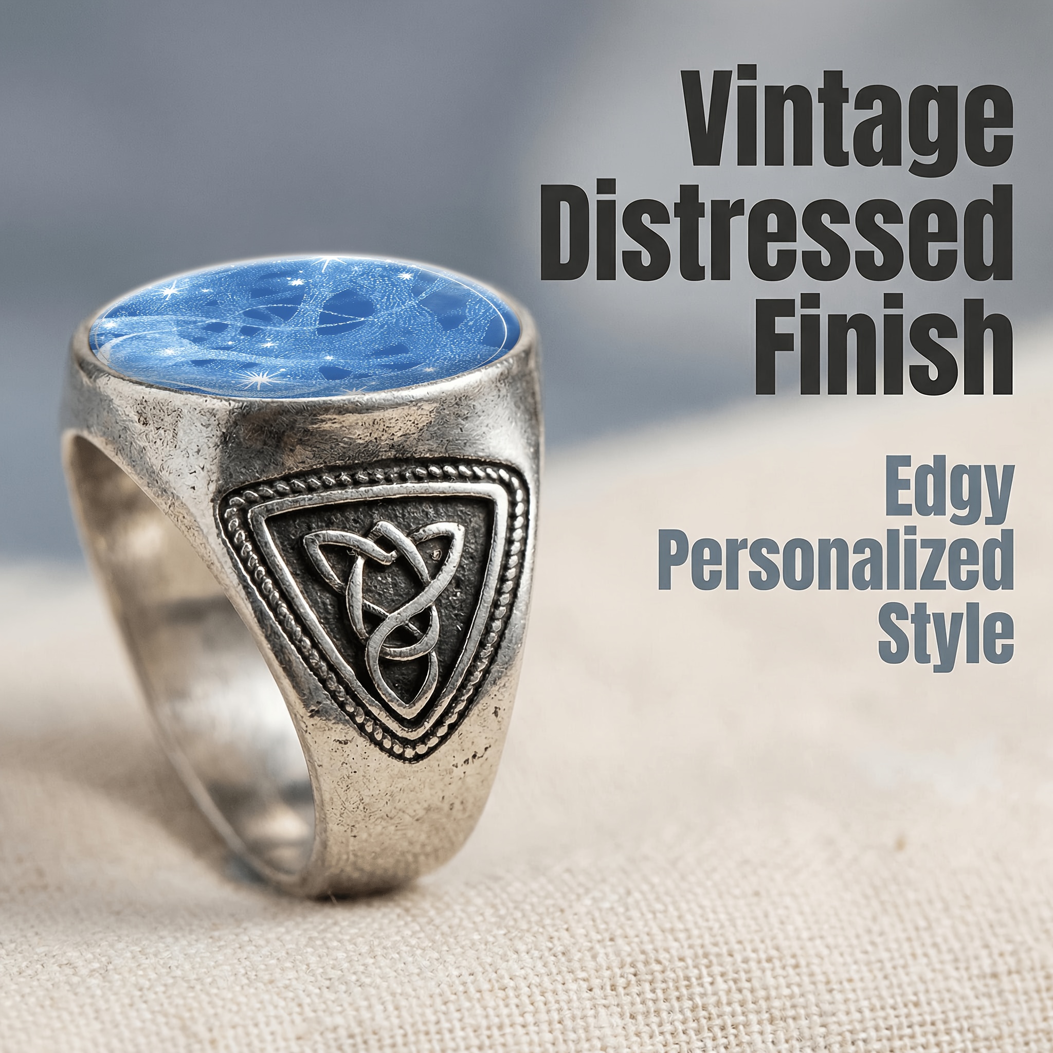 Metal Textured Ring with Blue Circular Pattern