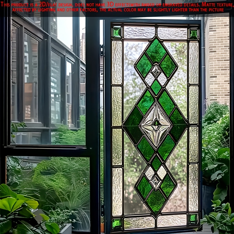 TEMU 1pc 2d/flat Window Film Features A Stunning Geometric Pattern In Rich Created-emerald Green. It Serves As A Static Window Decoration, Ideal For